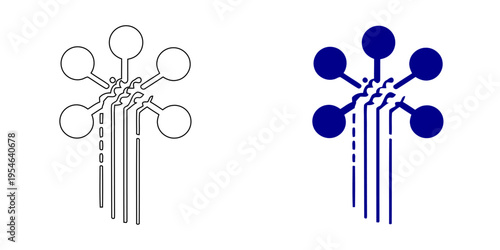 Circuit board traces and contact points icon for electronic engineering and microchip technology navy blue minimalist vector illustration isolated on white background