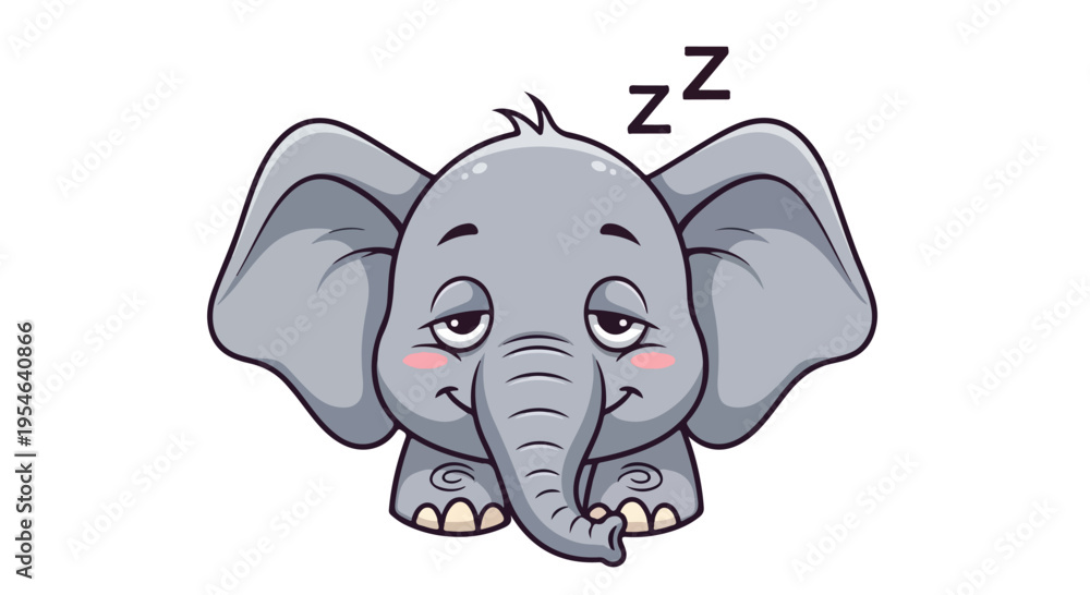 Fototapeta premium A cute cartoon elephant with closed eyes and rosy cheeks sleeps against a clean white background.