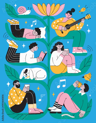 Relaxing lifestyle concept with people enjoying hobbies and mindfulness activities in nature illustration