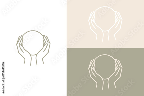 Hands cradling head line art.