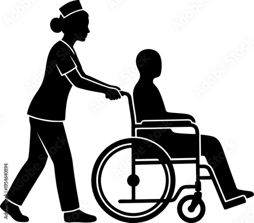 Nurse Pushing Wheelchair Silhouette Vector for Medical Assistance and Rehabilitation