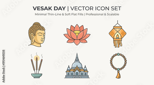 Vesak Day Buddhist Celebration Flat Line Vector Icon Set