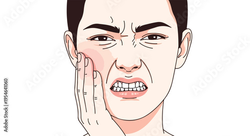 Illustration of a man clutching his cheek in pain with a pained expression on his face against a clean white background.