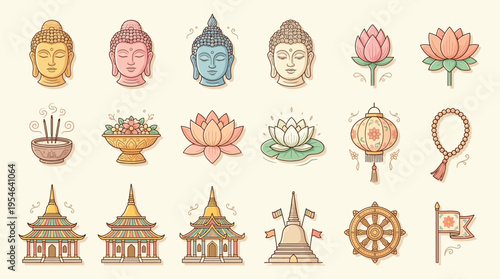 Set of Hand Drawn Buddhist Symbols and Religious Icons