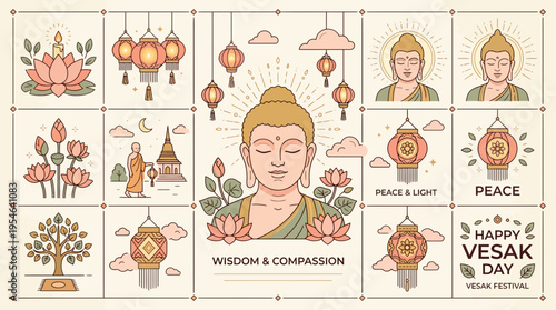 Happy Vesak Day Illustration Set with Buddha and Lotus Flowers