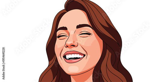 Illustration of a smiling woman with long brown hair and a joyful expression on a white background.