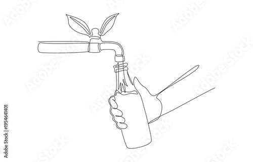 Continuous one line of hand holding bottle to filled water from faucet with sprouting plant, water conservation and sustainability concept, single line art
