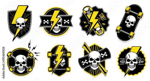 Skull and Lightning Bolt Stickers: Skateboard, Punk Rock, Danger, Street Art Icons