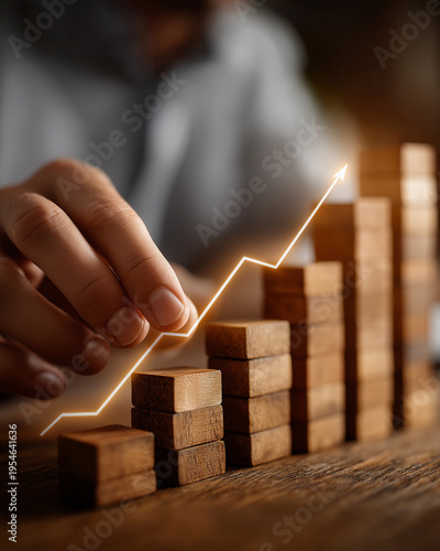 Wallpaper Mural Financial Growth: A person's hand traces the upward trajectory of a glowing line, which overlays a structure composed of wooden blocks, symbolizing financial growth and strategic progress. Torontodigital.ca