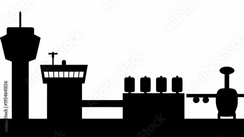 Airport operations icons set in black silhouette on white background with control tower and airplane