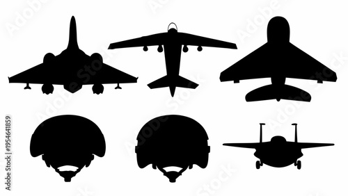 Black silhouettes of various fighter jets and bombers in different angles and views on white background