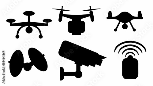 Black silhouette icons set of drones and surveillance cameras with wireless signals on white background for tech