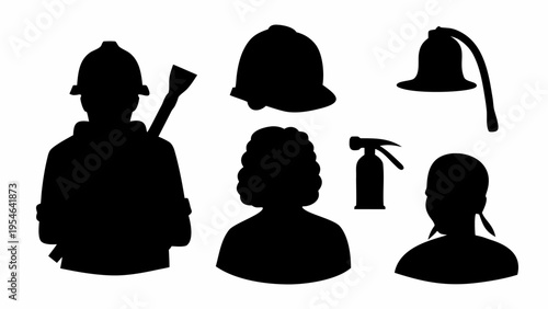Firefighter and rescue icons set in black silhouette on white background with helmets and tools