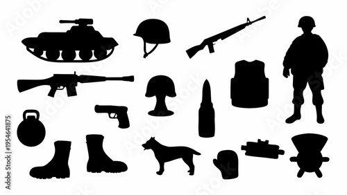 Black solid silhouettes of military icons and army symbols on white background
