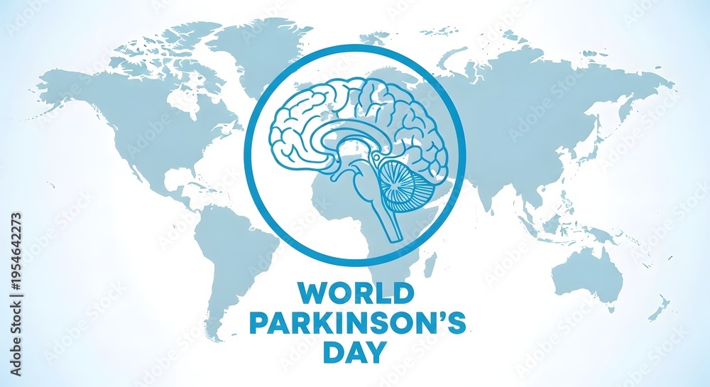 Naklejka premium World parkinsons day awareness graphic with brain illustration on world map background