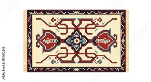 Traditional oriental rug with intricate red and blue pattern on cream background against white