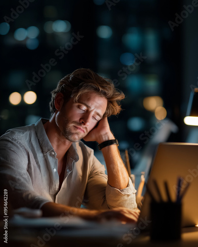 Wallpaper Mural Exhausted at Night: A man with eyes closed is working hard on a computer during the night, showing signs of sleepiness and fatigue. Torontodigital.ca