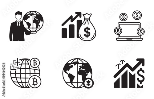 Global finance and cryptocurrency investment icons set including bitcoin symbols together with business growth
