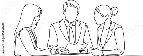 Business meeting discussion with professionals reviewing document, corporate teamwork concept, office collaboration scene, modern line art vector illustration isolated design