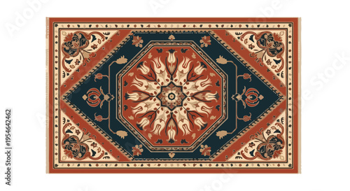 Vibrant rectangular rug with intricate floral patterns and geometric shapes in shades of red, blue, and beige against a white background.