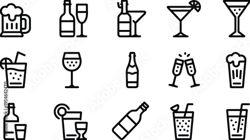 Alcoholic beverage and cocktail outline icon set, beer mugs, wine glasses, champagne bottles, martini drinks, soda cups, bar menu vector illustration collection