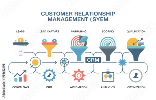 Customer relationship management system diagram showing lead capture nurturing scoring and sales optimization