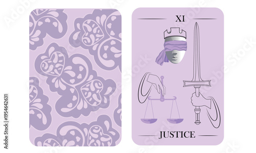 Justice Tarot Card Vector Illustration – Major Arcana XI Mystical Purple Tarot Deck Design