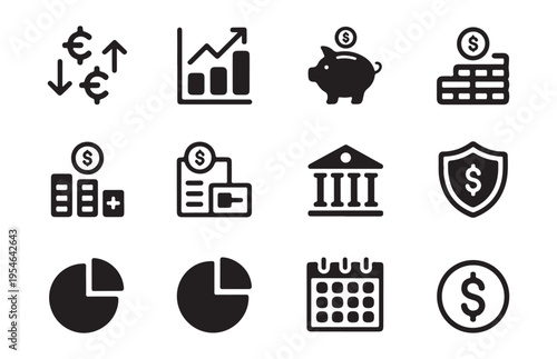 Financial growth and decline icons with currency symbols and financial planning elements