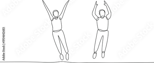 Jumping people celebration poses, happy success concept, energetic movement silhouettes, positive emotion characters, minimal line art vector illustration isolated