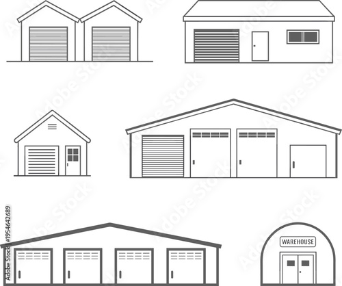 Industrial warehouse and garage building line art set, storage units, factory sheds, commercial depot, workshop facade, logistics architecture, vector illustration
