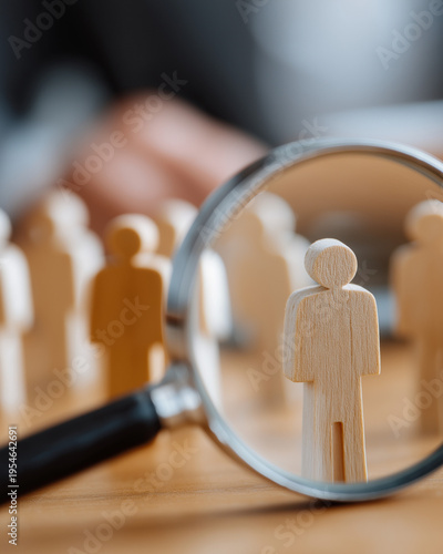 Wallpaper Mural Magnifying Opportunity: A close-up shot of wooden figurines, with one figure illuminated under a magnifying glass, symbolizing the focused search for the right individual. Torontodigital.ca