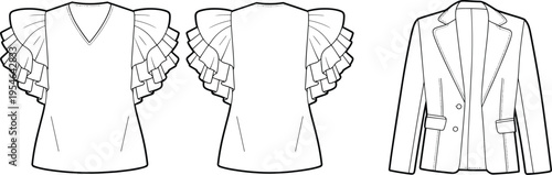Fashion technical sketch, ruffled sleeve top, tailored blazer, garment construction, design illustration, apparel blueprint, sewing template, flat drawing