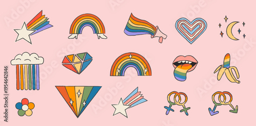 Hand-drawn retro Pride icon set with rainbow gradients and inclusive LGBTQ symbols. Vibrant nostalgic doodle set with gender symbols, rainbows, groovy 70s aesthetics. Isolated vector illustration.