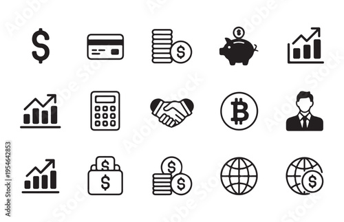 Finance icon set business and banking symbols vector illustration with outline and solid style for web and app