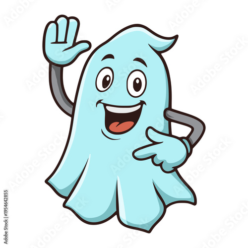 cartoon cute ghost waving hand pose happy smile immovable flat color vector illustration template design