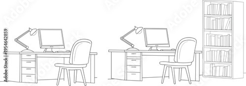 Modern office workspace with desk, computer, chair and bookshelf, minimalist home office interior line art, workplace setup vector illustration isolated