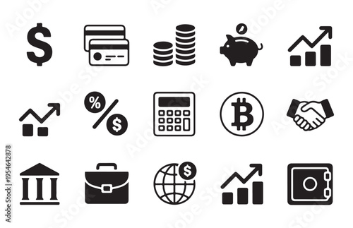 Finance icon set business and banking symbols vector illustration with outline and solid style for web and app
