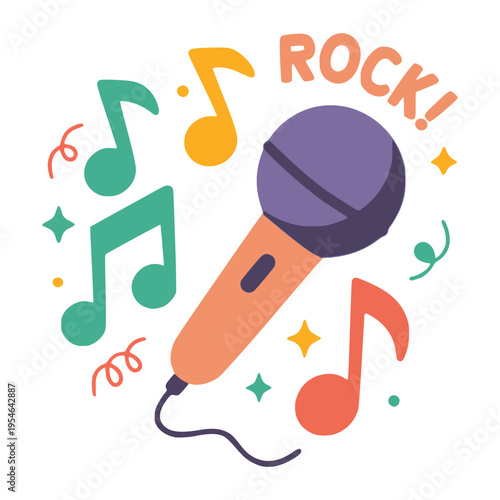 cartoon microphone sing rock note flat color vector illustration template design