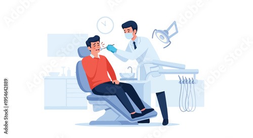 Dentist examining a patient in a dental chair with dental tools and equipment in a clinical setting.