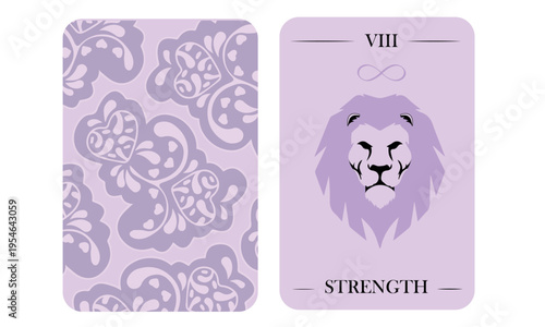 Strength Tarot Card Vector Illustration – Major Arcana VIII Mystical Purple Tarot Deck Design