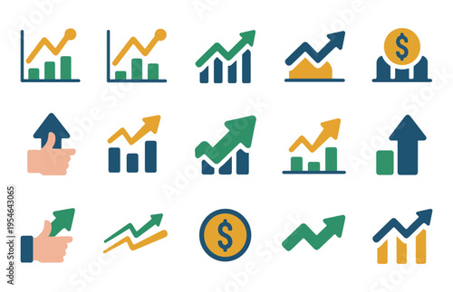 Vibrant business icons depicting financial growth investment opportunities and upward profit trends with money symbols