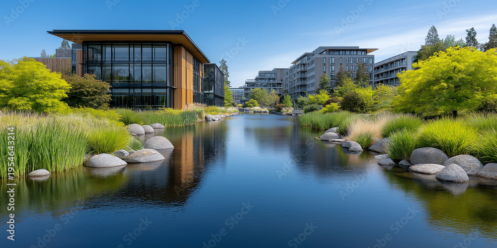Fototapeta premium Modern corporate campus with scenic waterfront and vibrant greenery