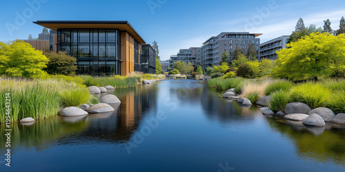 Modern corporate campus with scenic waterfront and vibrant greenery