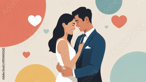 Loving couple embracing romantic illustration with hearts and colorful background symbolizing love and affection