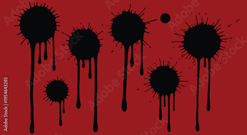 Black paint splatters on red background.