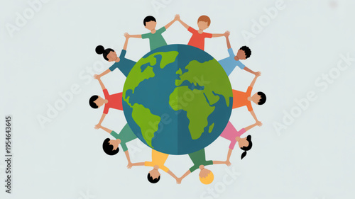 Diverse people holding hands around the earth symbolizing global unity and friendship