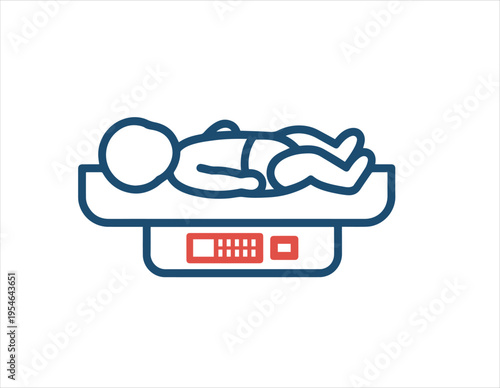 A sweet red and blue line icon shows a baby lying on a medical weighing scale