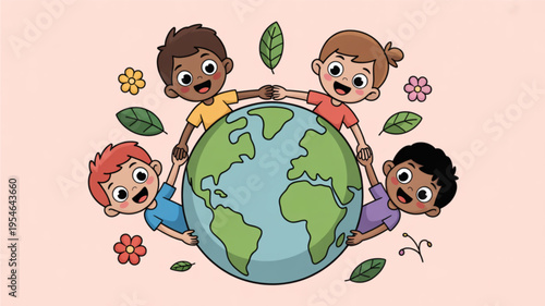 Diverse children holding the earth surrounded by flowers and leaves on a pink background symbolizing friendship and environmental care