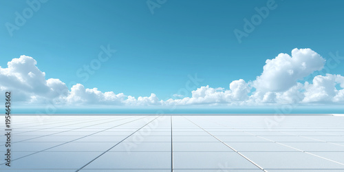 Minimalist white tile terrace overlooking vast blue sky