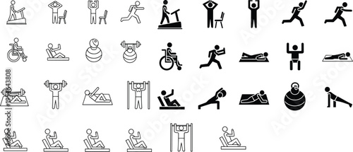 Fitness workout pictogram icons set, gym exercise activities, strength training cardio yoga rehabilitation vector illustrations